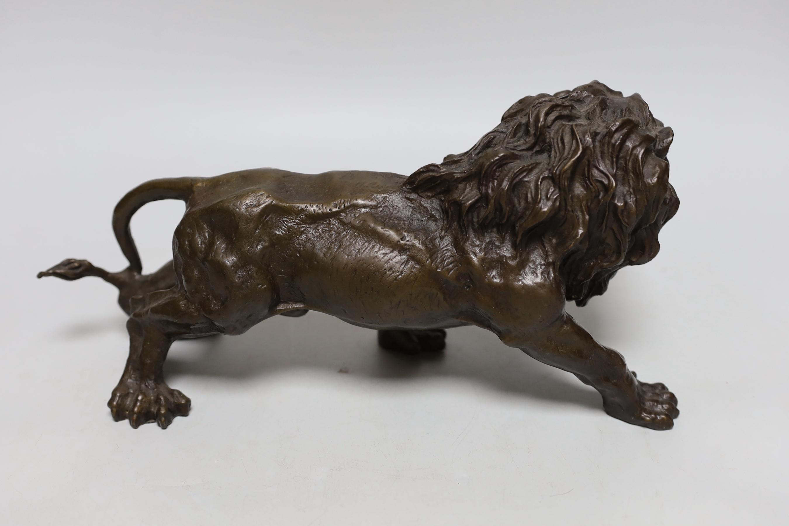 A hollow cast bronze model of a lion, 33cm long